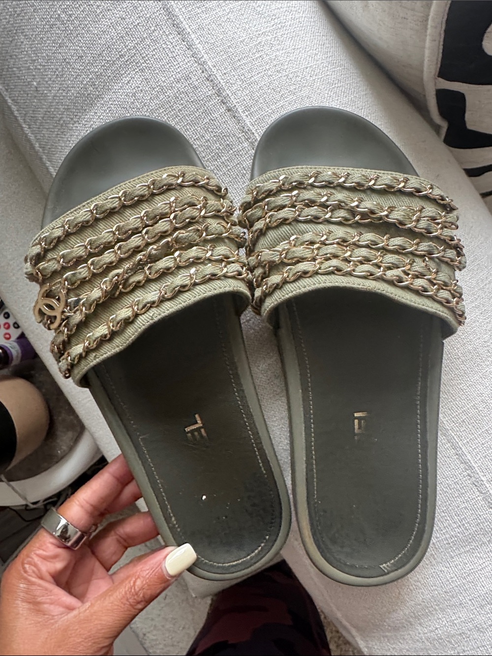 CHANEL Olive Green Slide Sandals with Gold Chain Detailing sz 38 - Picture 2 of 5